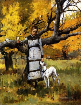 Theodore Robinson Junge Mädchen mit Hund Ölgemälde